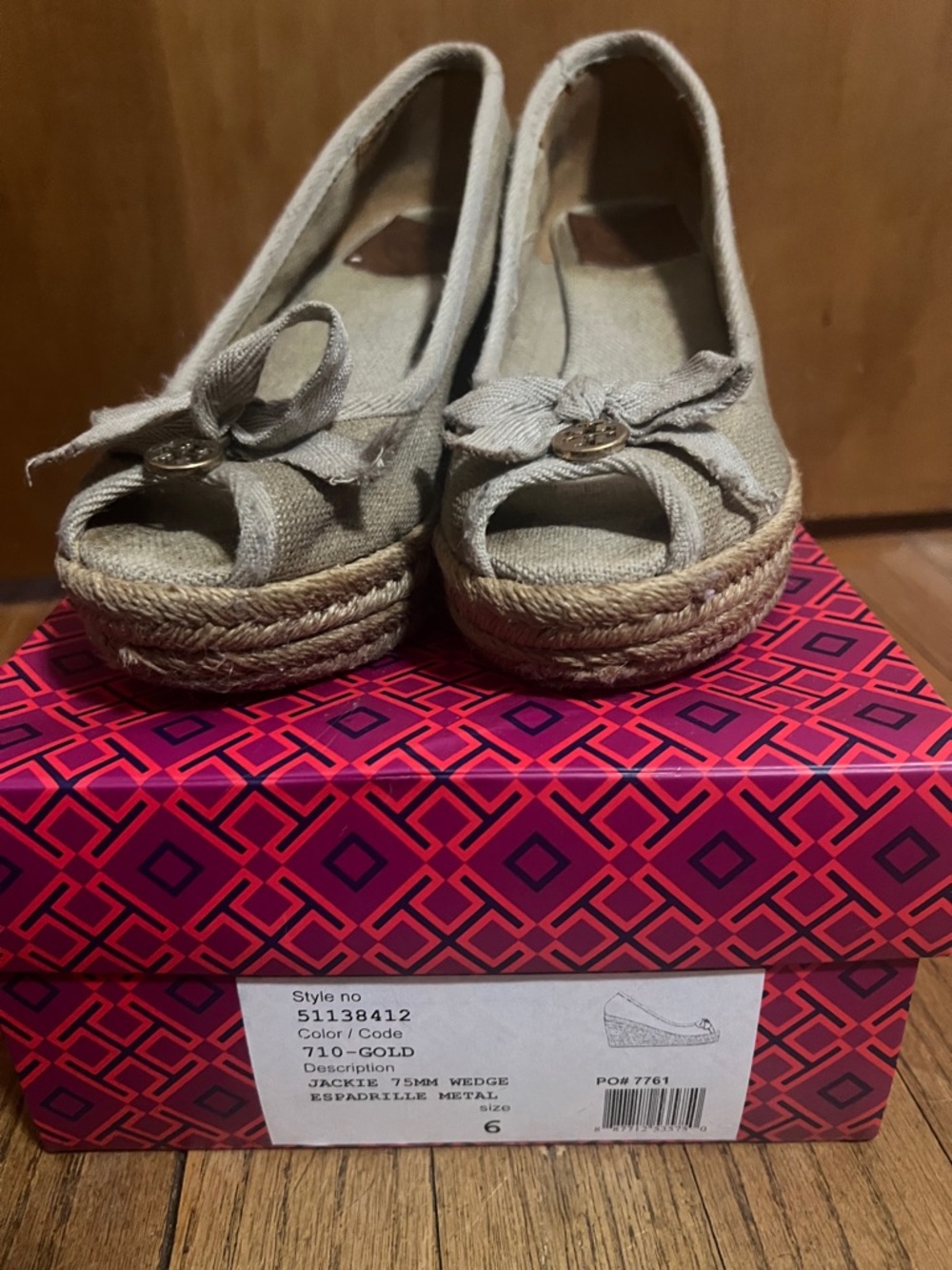 Tory Burch Beige Open-Toe Espadrille Wedge with Bow Accent